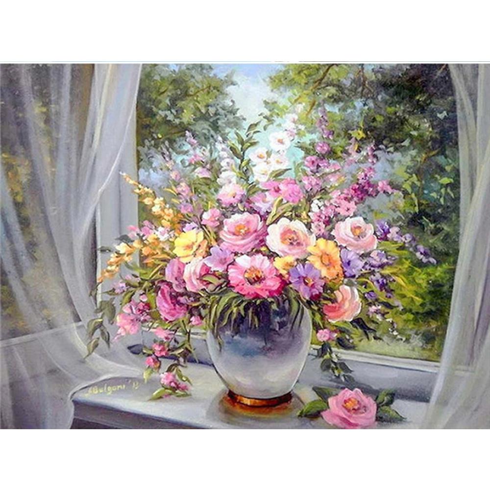 5D DIY Алмазная картина Цветочная мозаика Окно Полный дрель Алмазная вышивка Ремесленный комплект Изображение Горный хрусталь Домашний декор