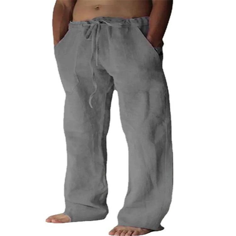 Мужские повседневные брюки, новые однотонные спортивные брюки из хлопка и льна, свободные повседневные брюки с завязками и несколькими карманами