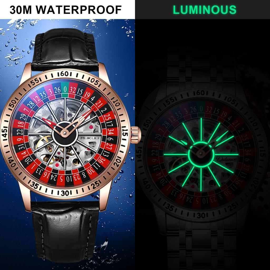 Модные вращающиеся часы-скелетоны с механическим механизмом и внутренним циферблатом для мужчин, светящиеся стрелки, стальной кожаный ремешок, автоматические часы