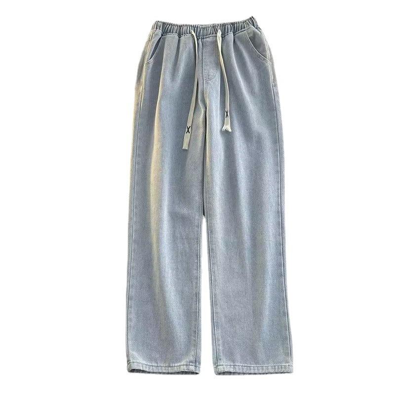 Spring And Autumn Harajuku Hong Kong Style Simple Loose Trend Ins Versatile Casual Drawstring Straight Long Pants Jeans For Men