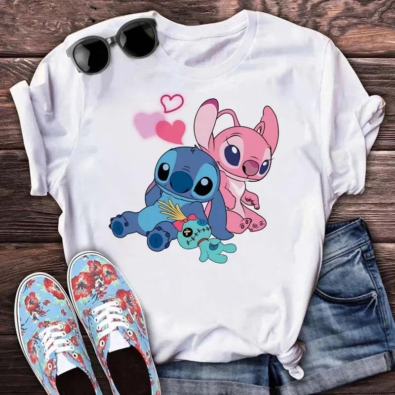 New Disney Women T-shirt Kawaii Lilo Stitch Print Tee Shirts Fashion Short Sleeve T Shirt Female Streetwear Y2k Clothes Top