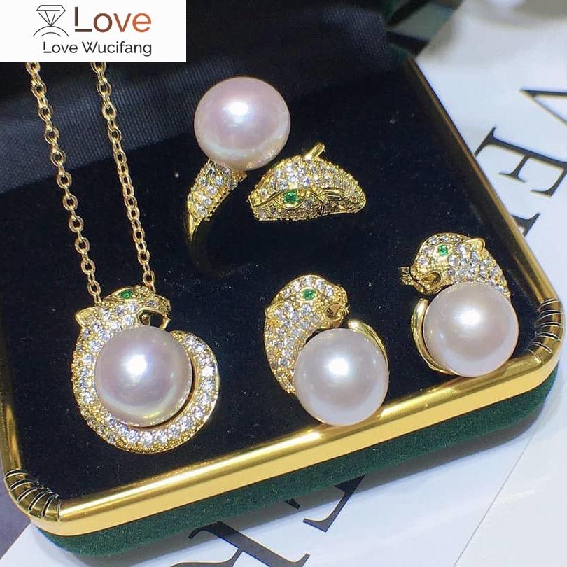 14k Gold Leopard Pearl Diamond Jewelry Set 925 Sterling Silver Wedding Rings Earrings Necklace For Women Men Engagement Jewelry