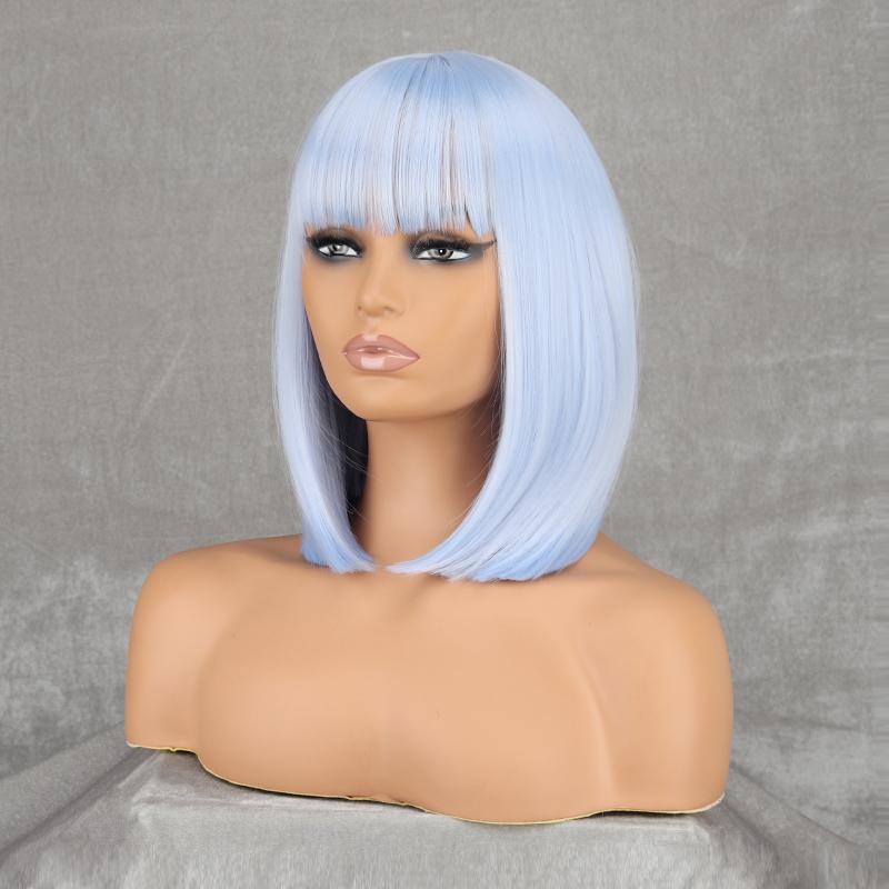 MISS WIG Женский короткий прямой парик Боб с челкой Синтетическое волокно Серый Косплей Повседневная одежда Парик Боб длиной до плеч