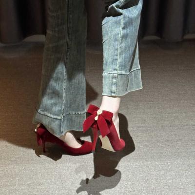 Свадебные туфли 2025 года, туфли-лодочки из бархата с круглым носком, женские туфли на высоком каблуке в средневековом стиле с бантом