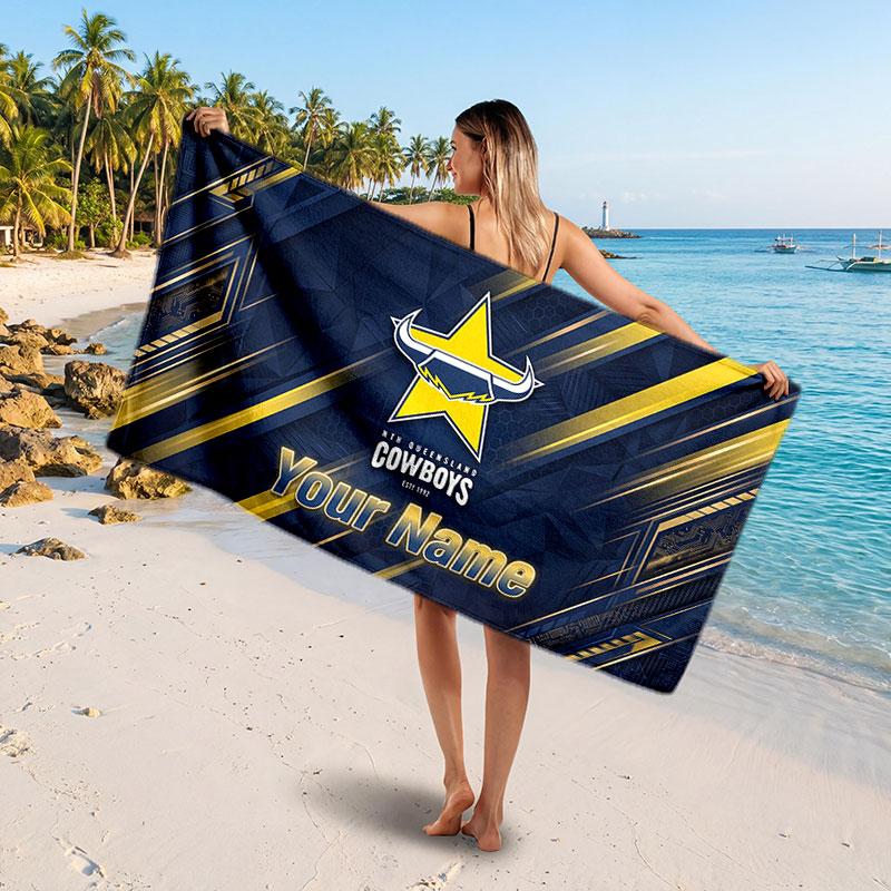 North Queensland Cowboys Customized Name Text Beach Towel, Soft Absorbent Towel Beach Pool Travel Personal Gift