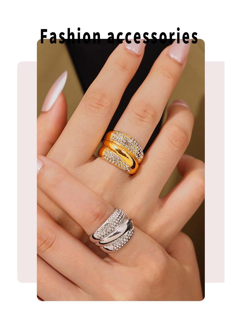 Европейско-американское геометрическое многослойное кольцо с бриллиантами, хип-хоп мода, дизайн из нержавеющей стали с покрытием из 18-каратного золота