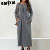 Women's Fashion Spring Autumn Solid Color Print Long Sleeve O-Neck Casual Dresses