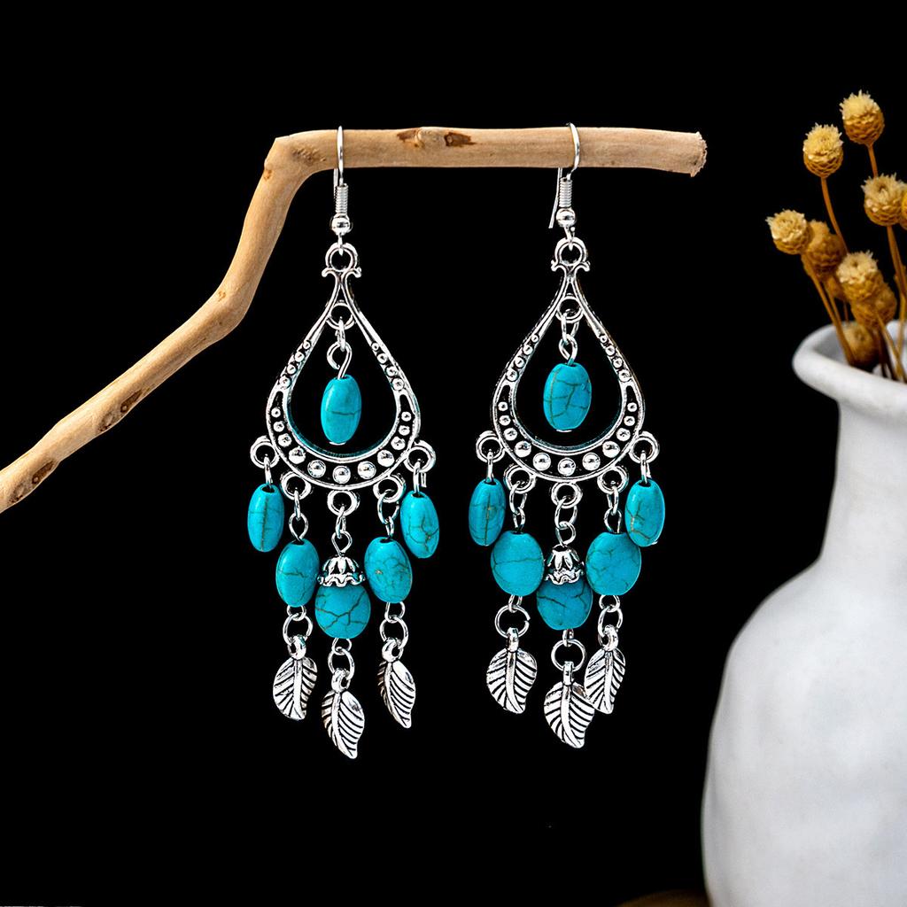 European and American Retro Ethnic Style Turquoise Earrings, Hollow Ring Flower Fringed Earrings, Owl Water Drop Earrings