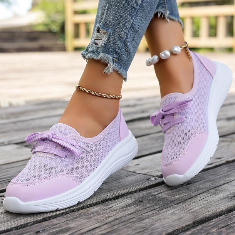Fashion Women's Flat Sneakers Fall New Round Toe Deep Mouth Splice Mesh Lace-Up Front Soft Slip Sneakers