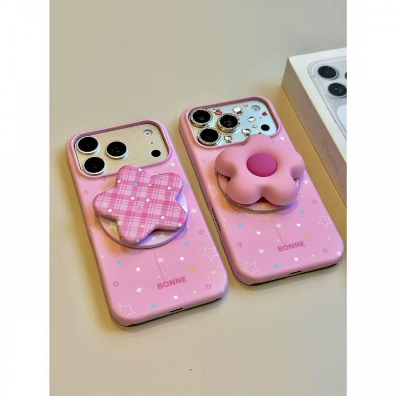 Korean Ins Style Pink Floral Plaid Star Phone Case IPhone 17 Pro Max 16 15 With Magnetic Stand