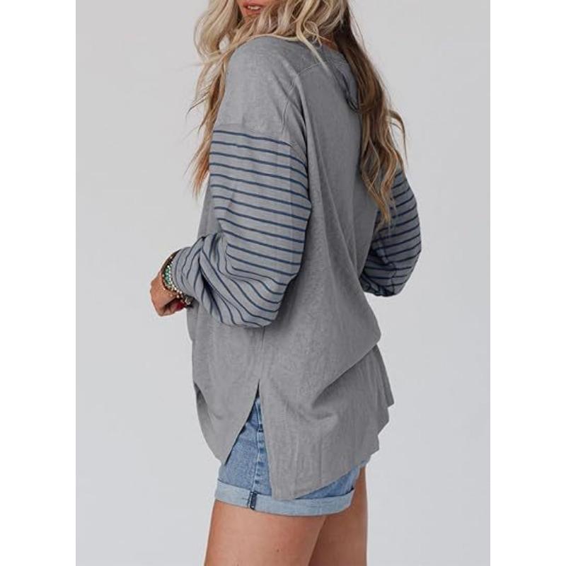Round Womens Blouse Neck Striped Patchwork Split Long Sleeve Casual Top