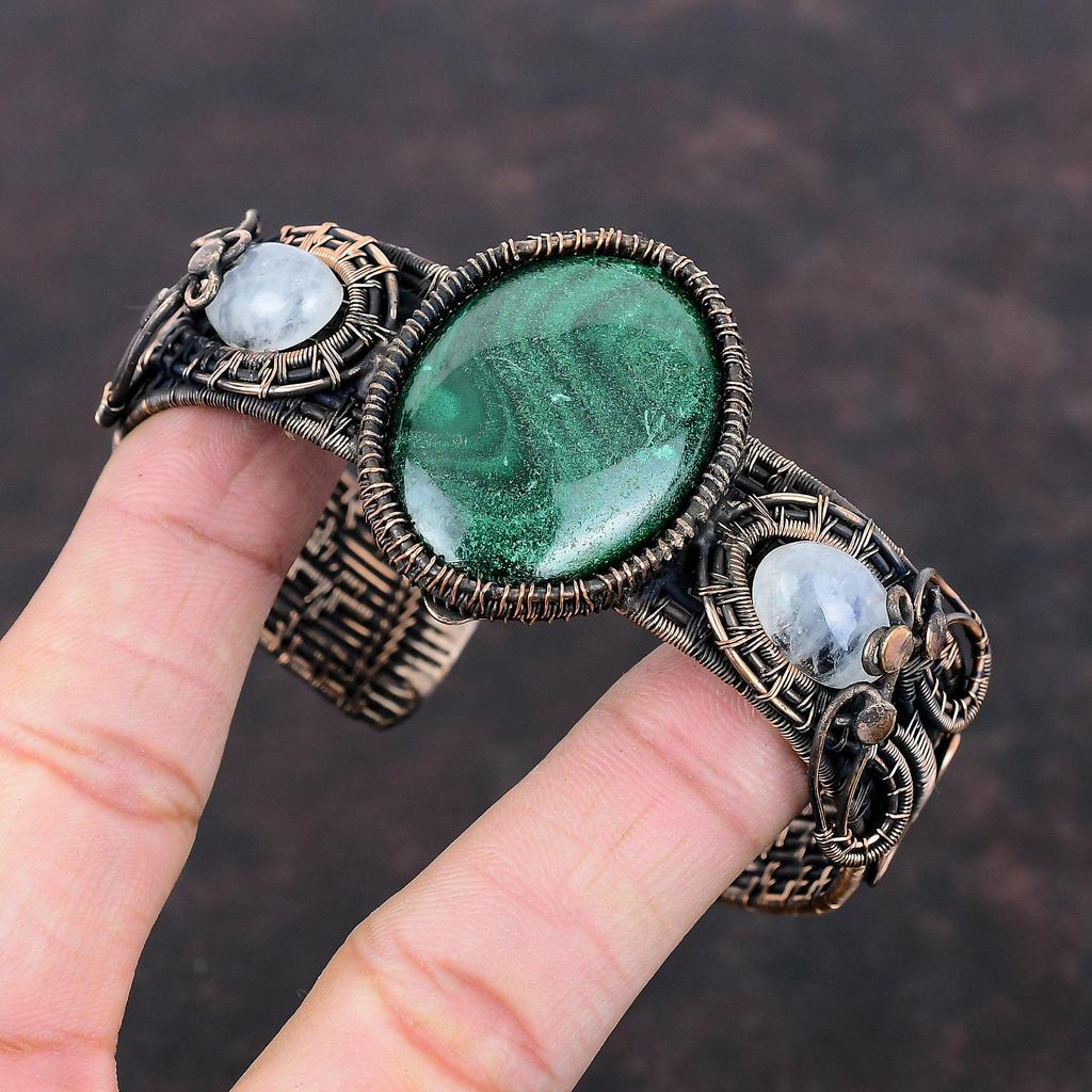 Malachite Gemstone Bangle Copper Wire Wrapped Cuff Bracelet Moonstone Bangle Handmade Adjustable Bangle Copper Wire Wrapped Jewelry For Gift