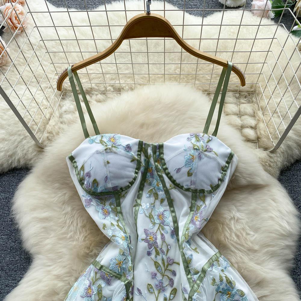 Женское новое летнее модное сексуальное платье на тонких бретельках для банкета, вечерние платья, роскошное сетчатое платье с вышивкой и цветком, пляжные праздничные платья