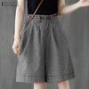 Women Casual Elastic High Waist Loose Plaid Print Shorts