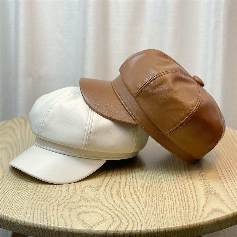 Осень и Зима Женская Восьмиугольная Шляпа с Большой Головой Кожаная Шляпа Художника Корейская Версия ПУ Большая Кепка с Козырьком Британский Универсальный Берет Мужская Зимняя