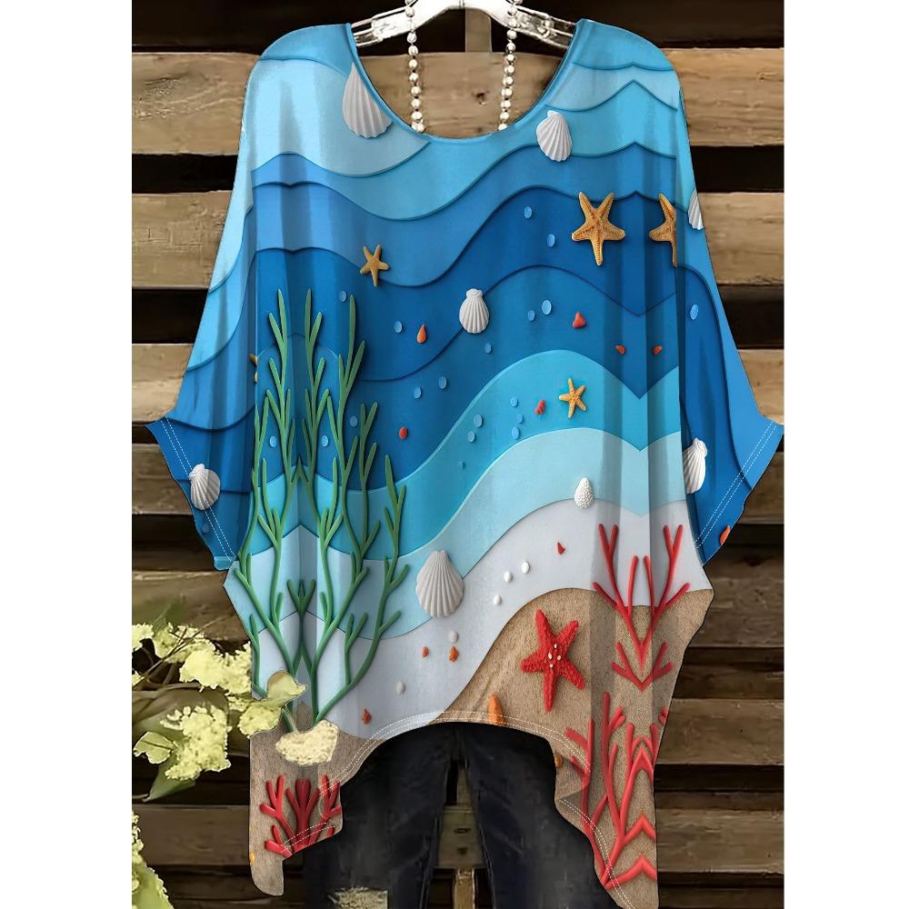 Ocean style women's large size short-sleeved T-shirt, irregular hem design, digital printing four seasons T-shirt