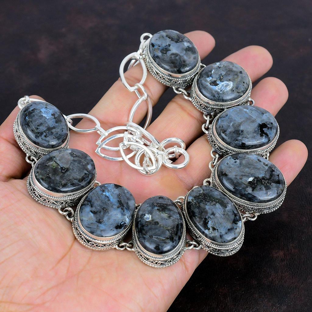 Ожерелье из ларвикита, ожерелье из стерлингового серебра 925 пробы, регулируемое ожерелье из цепочки, винтажные ювелирные изделия из драгоценных камней, приличное ожерелье ручной работы, подарок на годовщину