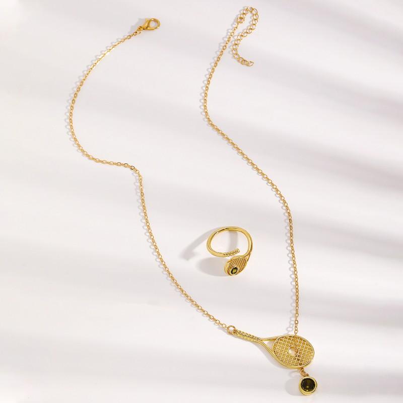 Tennis Racket Shape Necklace Ring Set Women Men Lightweight Hollow Sporty Minimalist Jewelry
