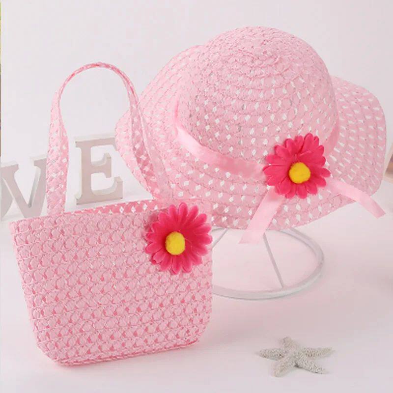Children's Sunflower Straw Hat Set Hat Bag Infant Baby Straw Hat Medium Children's Sun Hat