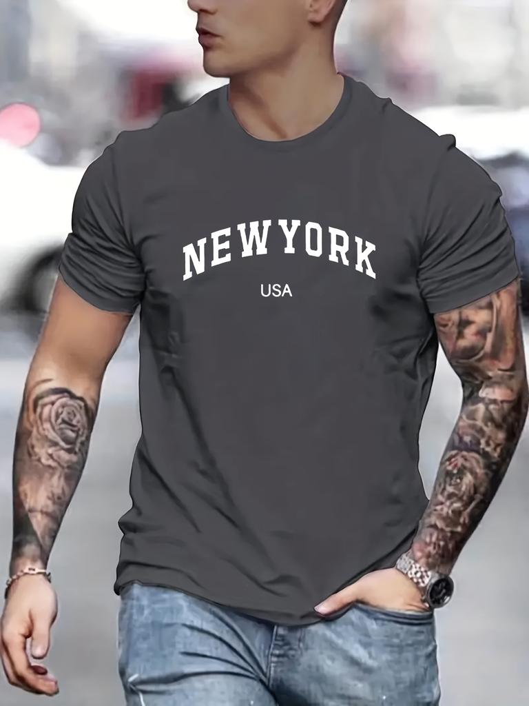 Men's Summer Fashionable Casual Loose Plus Size New York Usa 3D Printed Slim Fit Sports Round Neck Short Sleeved Mens T-shirt