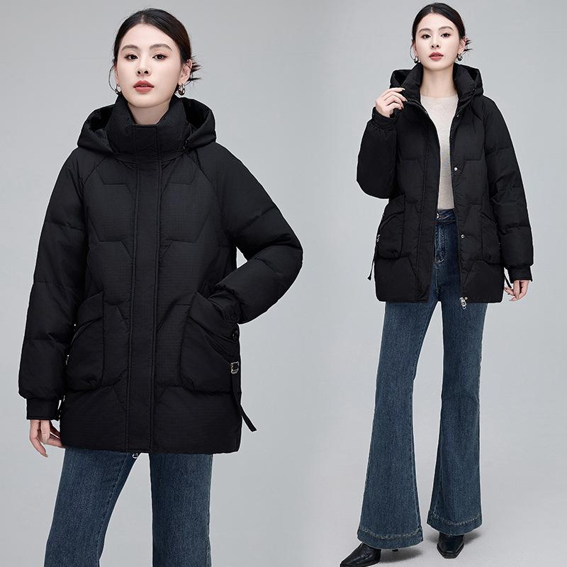 Down Jacket Women's Mid-length New Fashion Hooded Versatile Warm White Duck Winter Down Season Thickened Jacket
