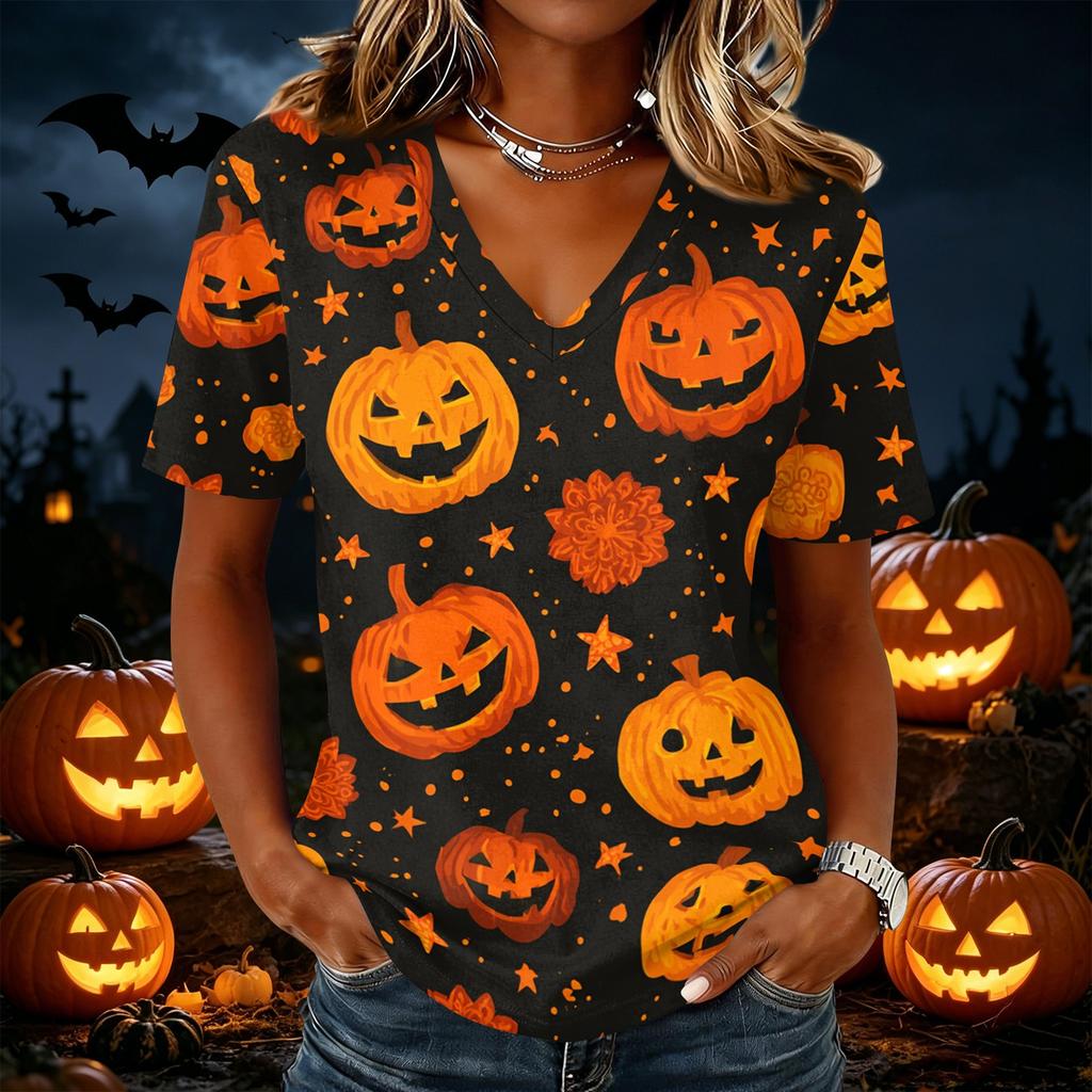 Womens Casual Short Sleeve Pullover Top V Neck Halloween Pumpkin Print Shirt Lightweight Comfortable Fit