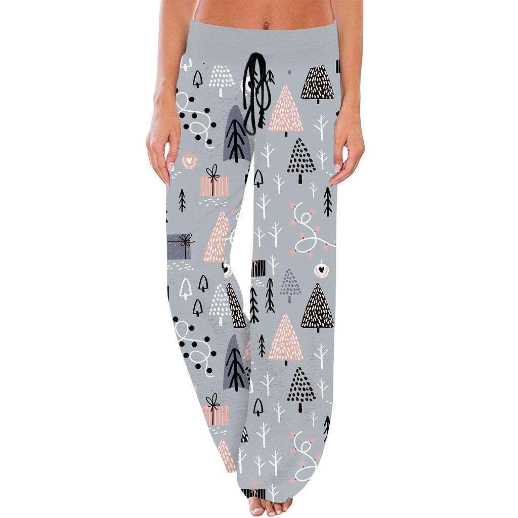 Women's Comfortable Pajama Pants Christmas Print Drawstring Wide Leg Pants