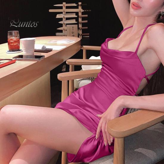 Женское летнее однотонное платье на бретельках на бретельках с открытой спиной и рюшами облегающее мини-атласное платье для