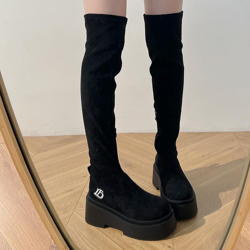 Женские эластичные современные сапоги выше колена, модные туфли без застежек, осенне-зимние туфли на платформе, туфли на плоской подошве, женские длинные сапоги в стиле рыцаря