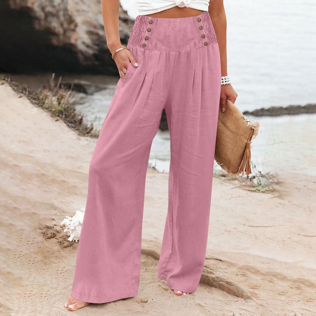 Summer Cotton Linen Wide Leg Pants Women Loose Palazzo Pant Pocket Elastic Waist Button Casual Pants