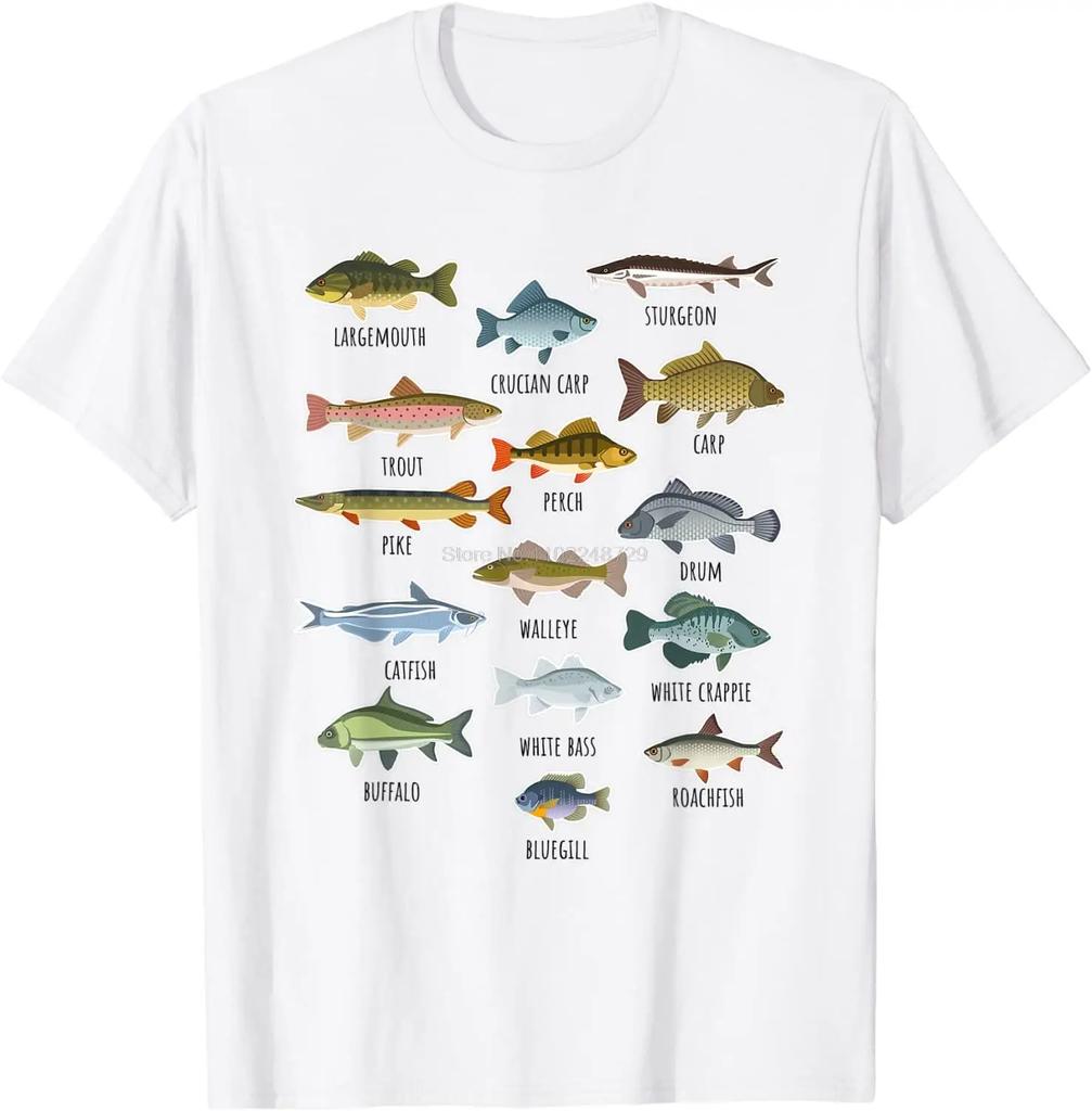 Types Of Freshwater Fish Fishing T-Shirt Casual O-Neck Tshirt Hip Hop Cotton Tees Streetwear Oversize