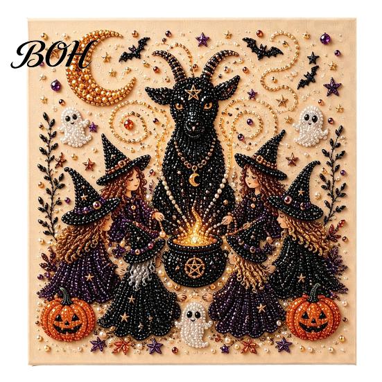 Fall Holiday Decoration Halloween Faux Pearl Art DIY Kit, 3D Bead Embroidery Craft Set, Spooky Handmade Ghost Pumpkin Goat Witch Wall Art, Seasonal