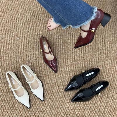 Остроносые маленькие кожаные туфли женские 2024 новая весна толстый каблук низкий каблук высокий каблук ретро французский темперамент Мэри Джейн туфли-лодочки