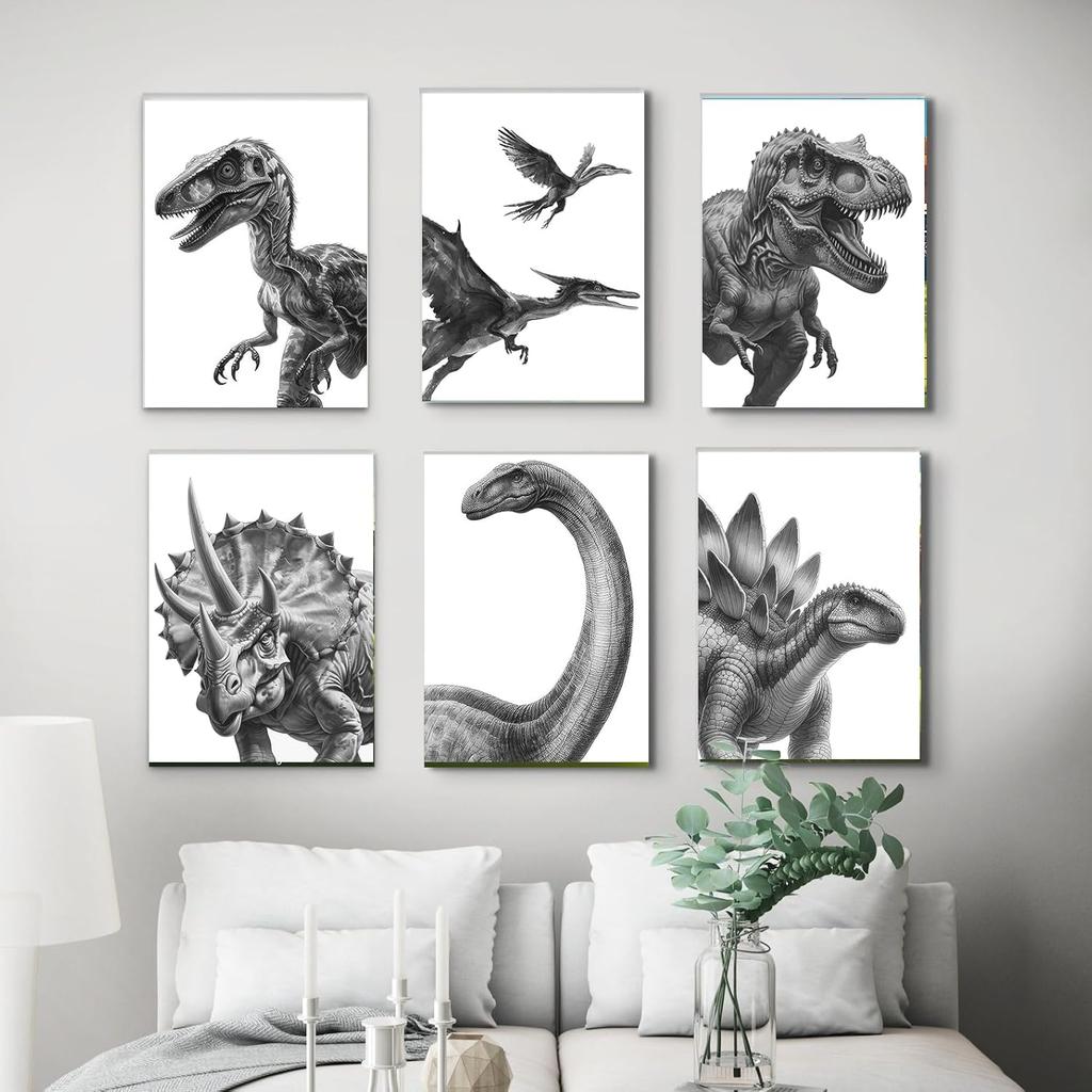 Постер с динозавром Печать Тираннозавра Для Декора Детской Винтажное Искусство на Холсте с Динозаврами Для Современного Семейного Декора (8×12 дюймов, Набор из 6 штук, Без рамы)
