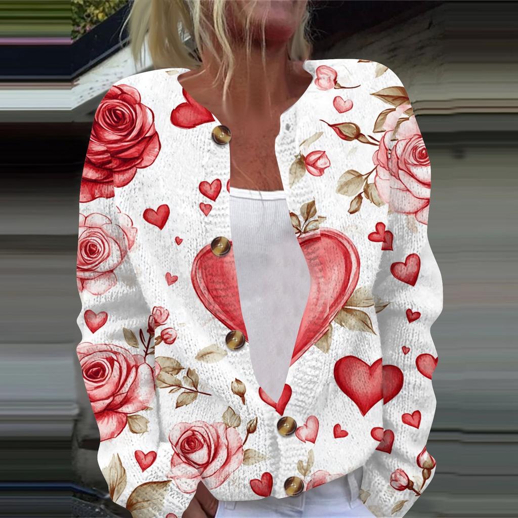 Женская мода День святого Валентина Сердце Принт Длинный рукав Вязаный кардиган Куртка на пуговицах