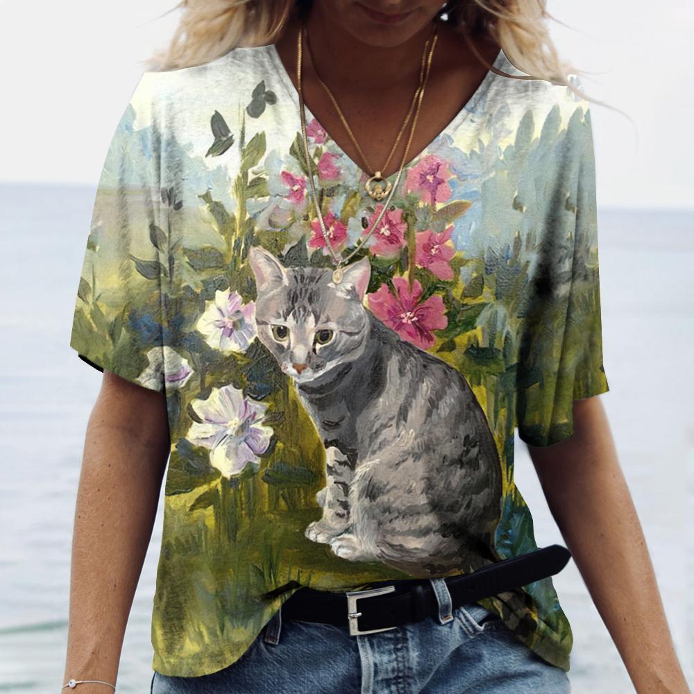 Женская футболка с 3D принтом «Манга Кот» в стиле Харадзюку, летний топ с короткими рукавами и v-образным вырезом, повседневная женская одежда, футболки большого размера