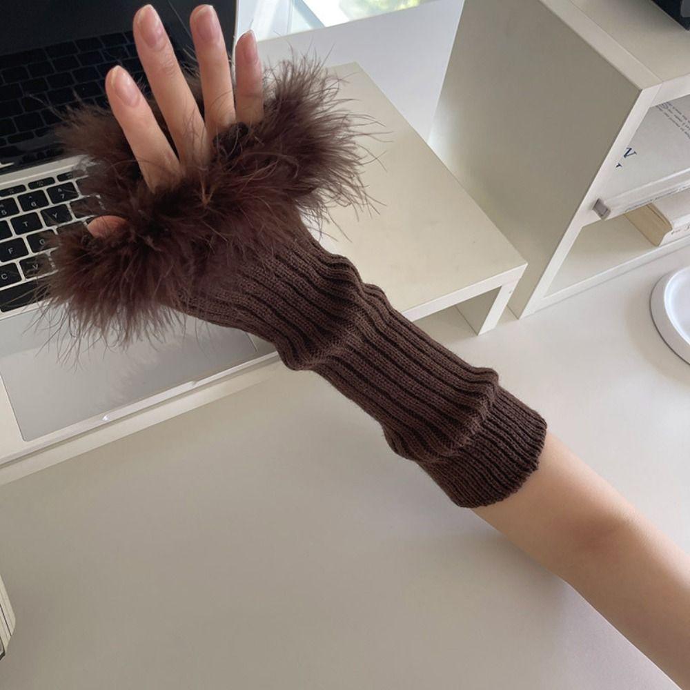 Эластичные вязаные митенки с перьями, длинные варежки, перчатки без пальцев, Y2K, теплые рукава, для вечеринки девочки