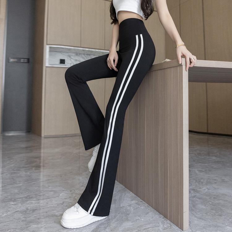 Women's High-Waist Shark Flared Pants with Side Stripes - Slim Fit Barbie Trousers for Spring Outerwear