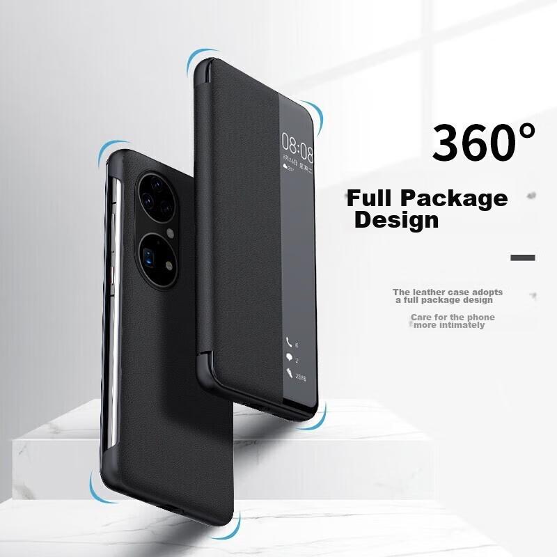Huawei P50 Phone Case with Smart View Window Flip Cover, Full Protection Anti-Drop Case for P50e, Business Style Leather Cover Xuan Black Color]