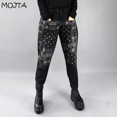 Большие размеры, весенне-осенние женские брюки с высокой талией, тонкие брюки-шаровары с принтом, укороченные брюки