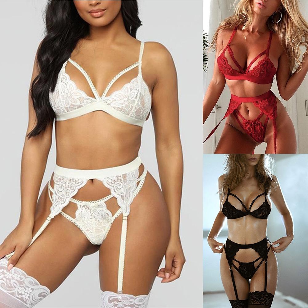 Women's Sexy Underwear Set with Lacy Bra Garter Belt and Thong Panties