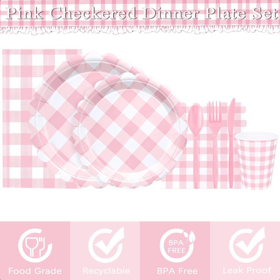 176 PCS Pink and White Gingham Plates and Napkins Light Pink Checkered Disposable Plates Set with Napkins Cups Plastic Spoons F