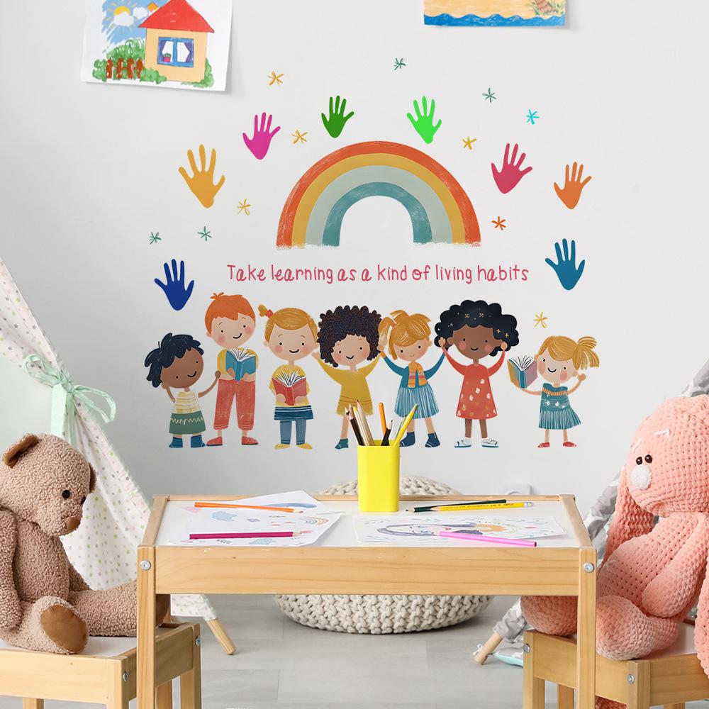 School Season English Slogan Rainbow Handprints Bedroom Living Room Home Background Beautification Decoration Wall Stickers