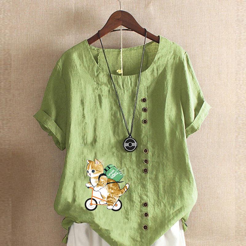 Женская модная футболка с круглым вырезом и короткими рукавами, повседневная хлопково-льняная рубашка с рисунком, летняя блузка с принтом кота для велоспорта, топы больших размеров