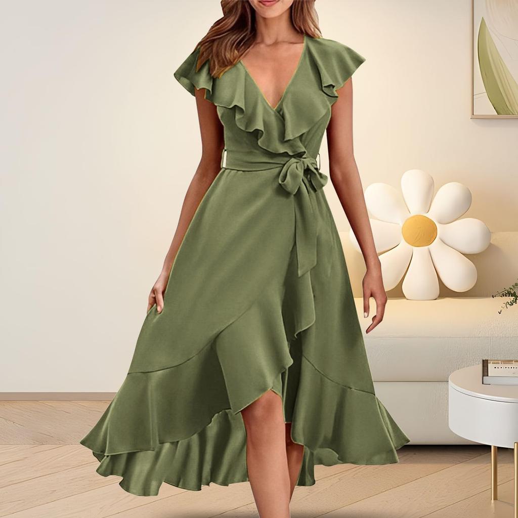 Women's Solid V-neck Short Sleeved Ruffled Edge Elegant Dress