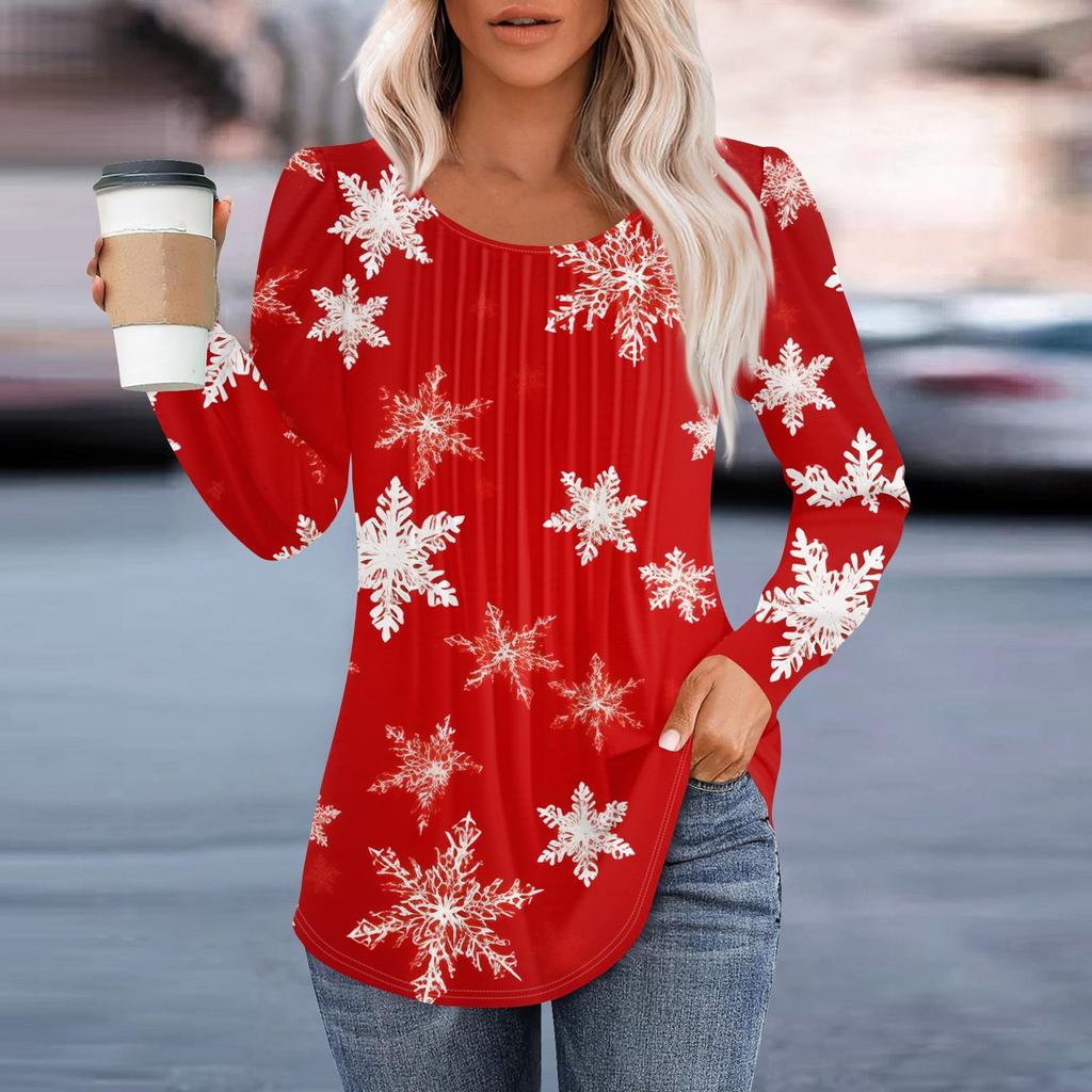 Женская повседневная и модная принтованная футболка с круглым вырезом и длинными рукавами, плиссированная футболка на Рождество