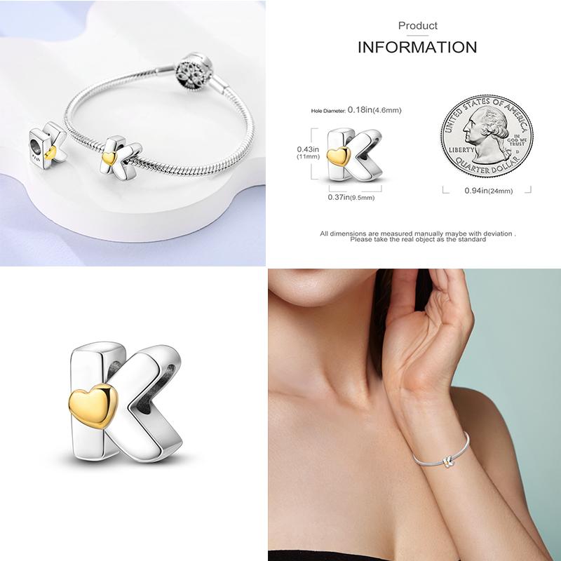 Новый 26 AZ Алфавит Бусина S925 Стерлингового Серебра Сердце ЛЮБОВЬ Письмо Шарм Подходит Оригинальный Браслет CZ Циркон Бисер Ювелирные Изделия