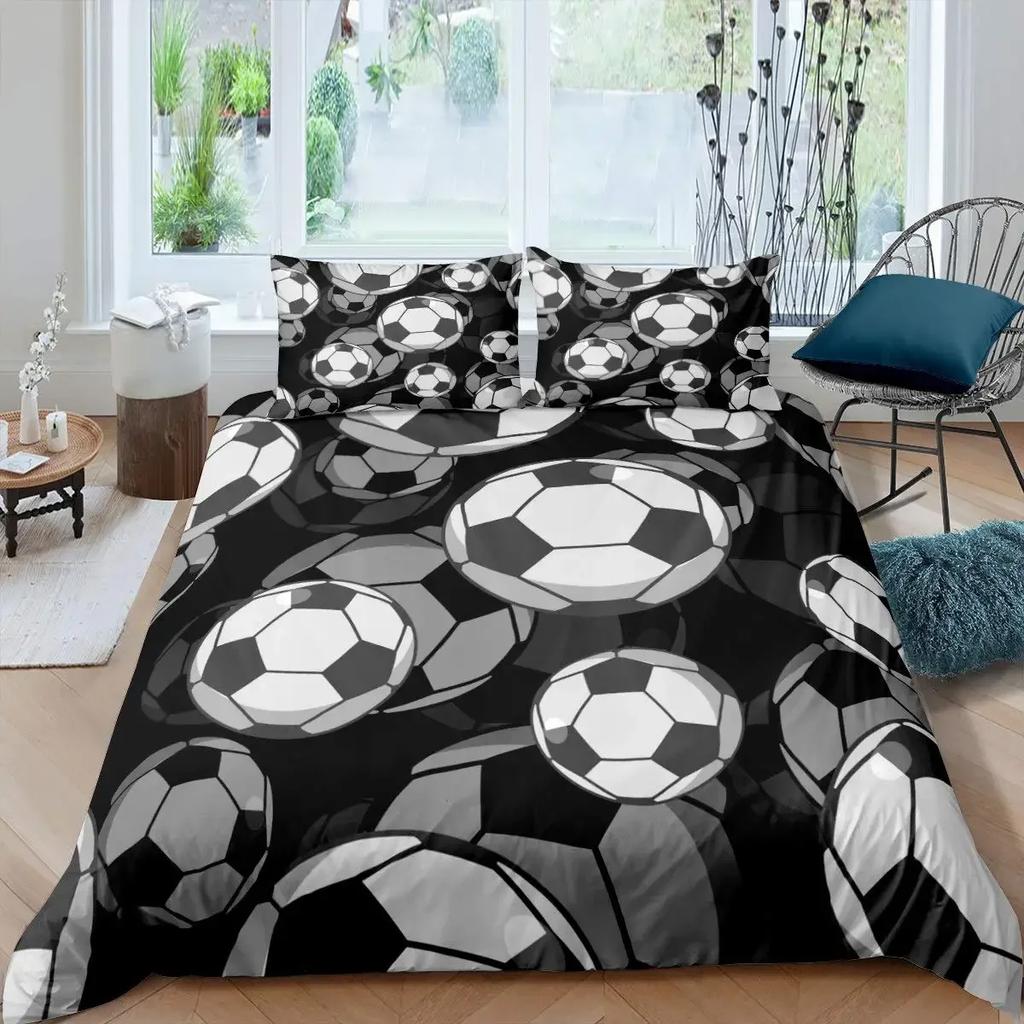 Футбольный комплект пододеяльников с рисунком футбольного мяча Комплект постельного белья с спортивной тематикой Микрофибра Цветной гранж-стиль Двуспальное одеяло King