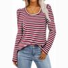 Осенняя женская футболка с длинными рукавами и круглым вырезом, повседневная полосатая нижняя рубашка