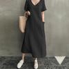 V-neck Slimming Big Pocket Short Sleeve Dress Loose Plus Size Dress Woman